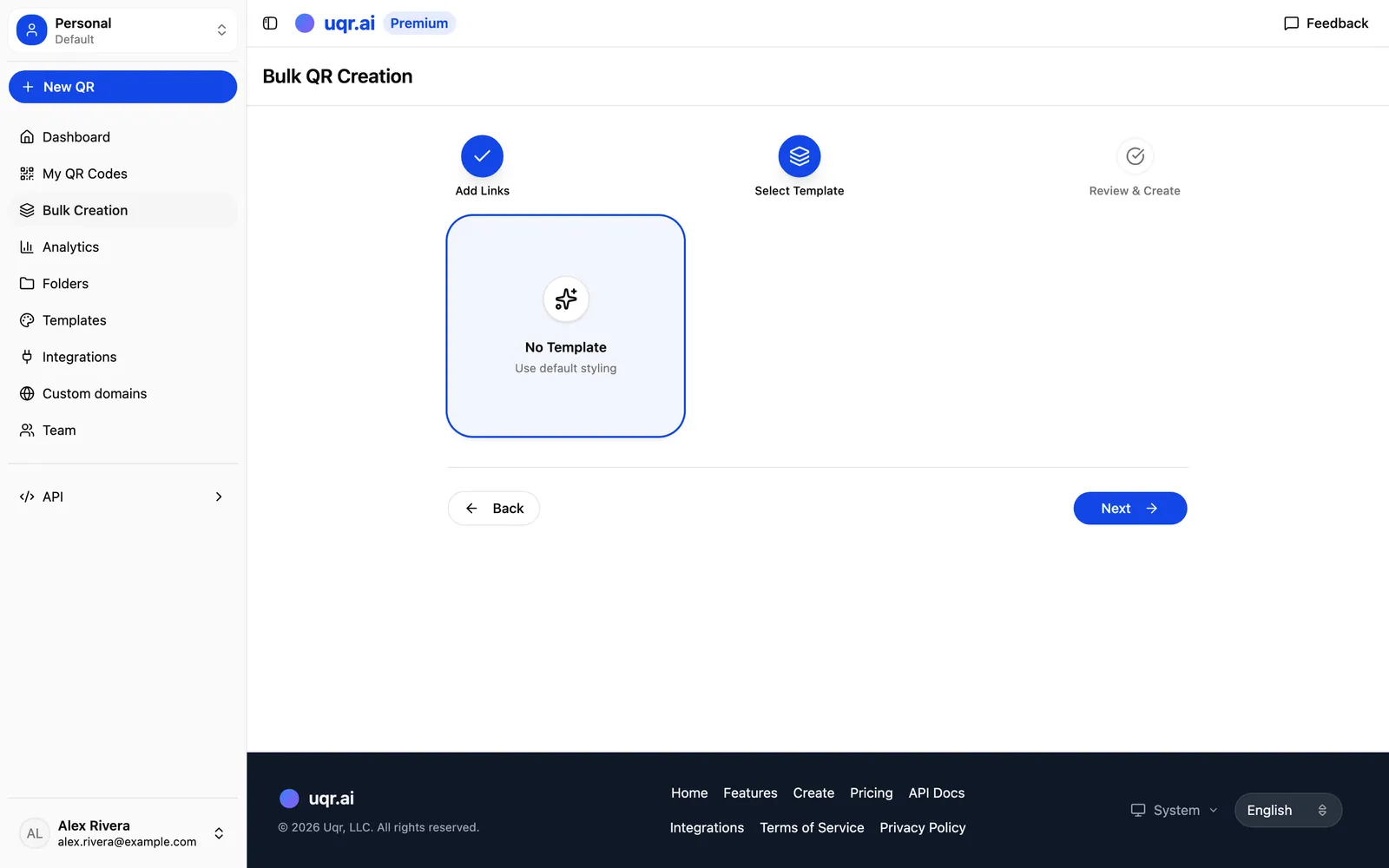 Choosing a template for a bulk QR batch