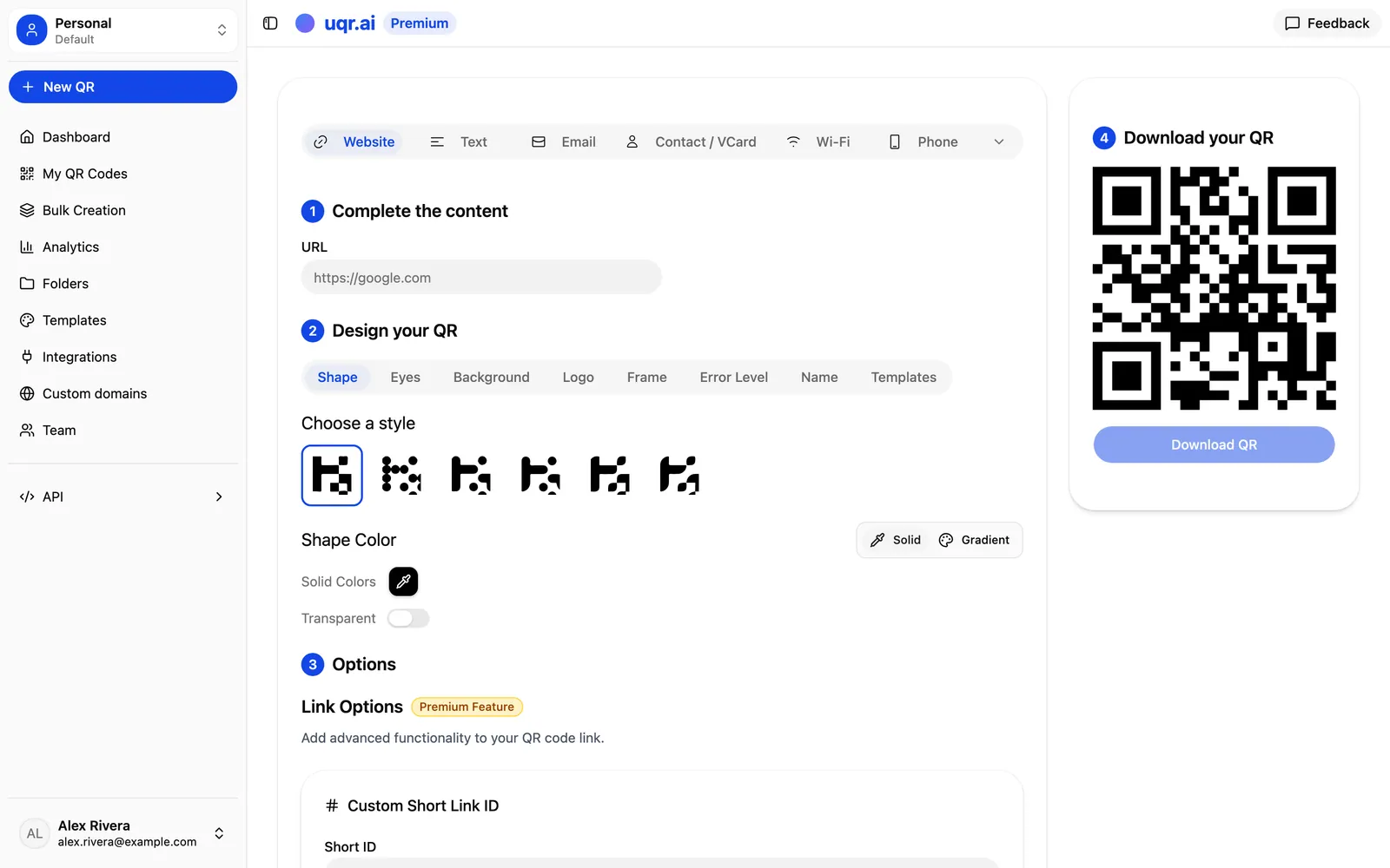 Creating a dynamic QR code in uqr.ai with a live preview
