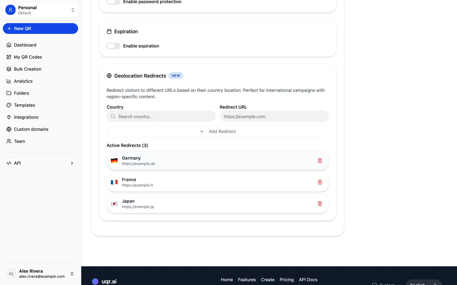 Country-based redirect rules for a single QR code