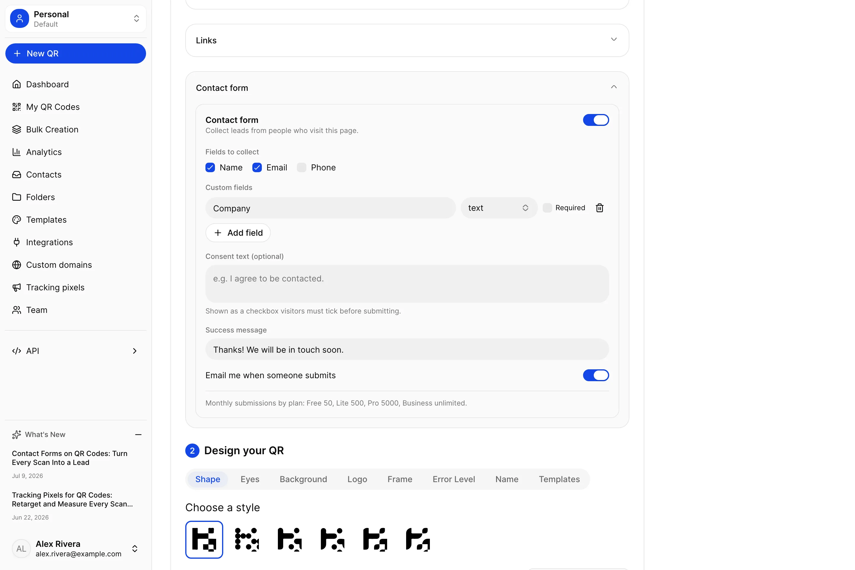 The contact-form builder with toggles for name, email and phone, custom fields, a consent line and a success message