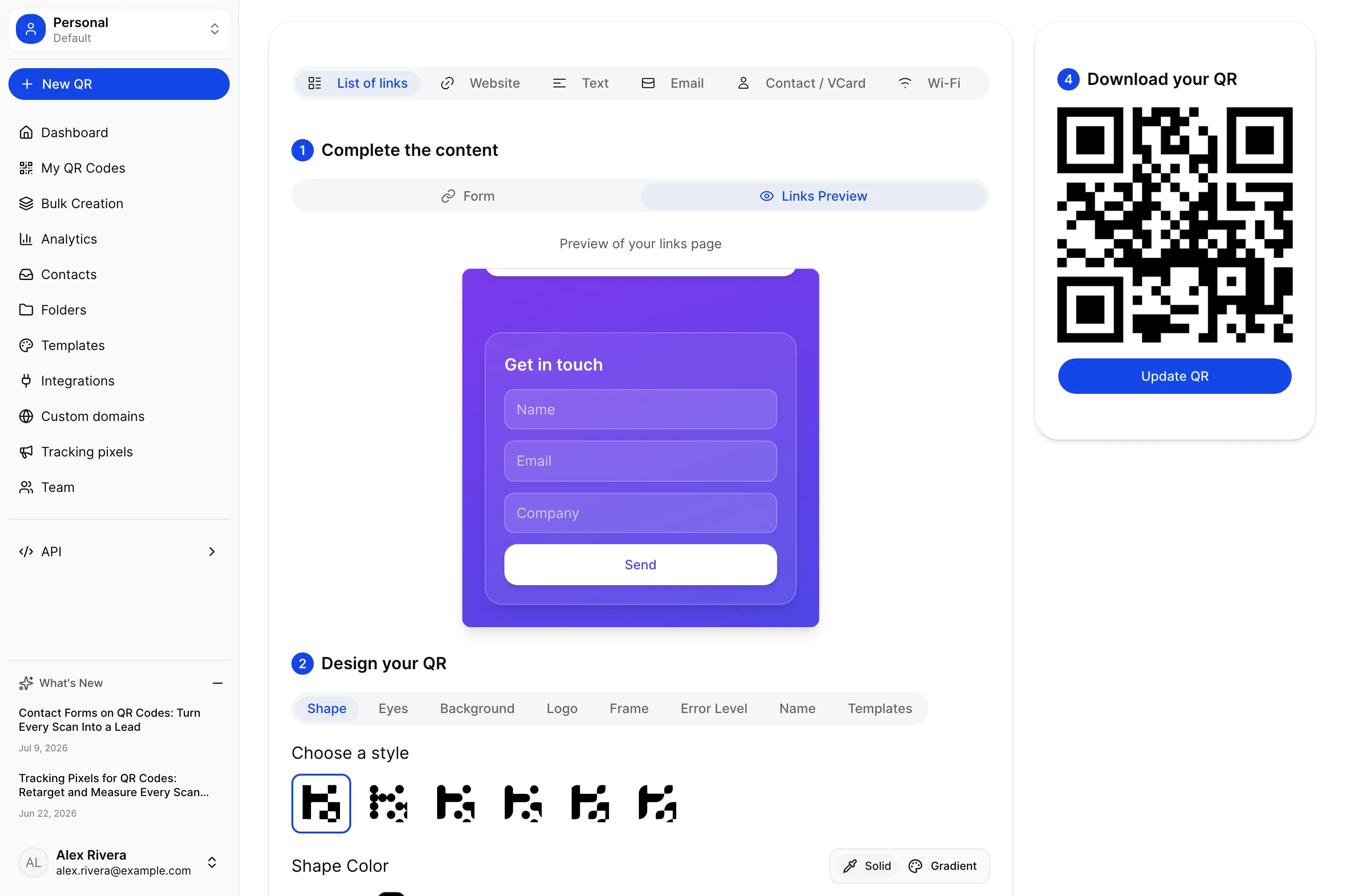 A QR landing page on a phone showing a 'Get in touch' contact form with name and email fields, feeding into a Contacts dashboard