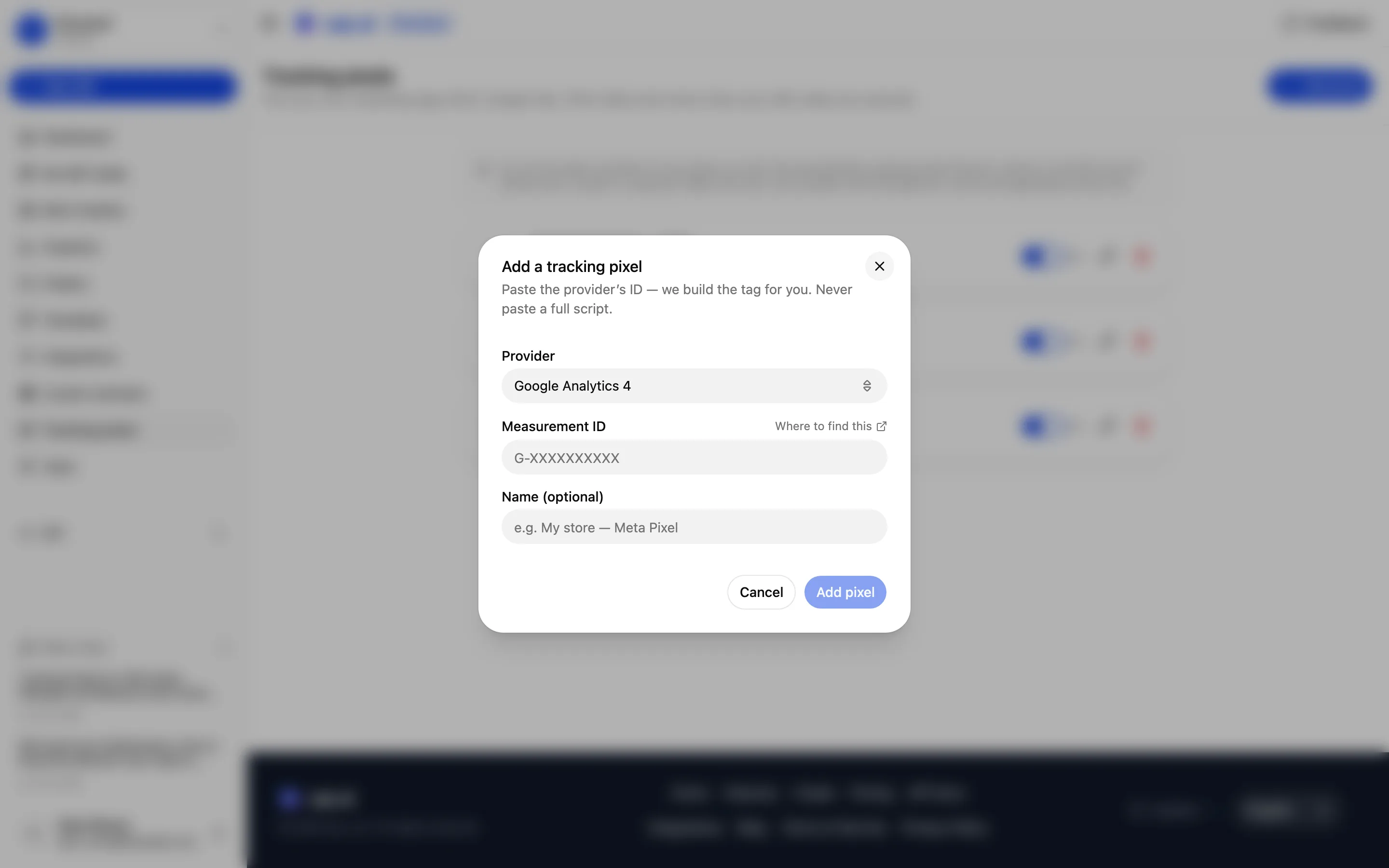 The "Add a tracking pixel" panel with a provider dropdown and a field to paste the ID