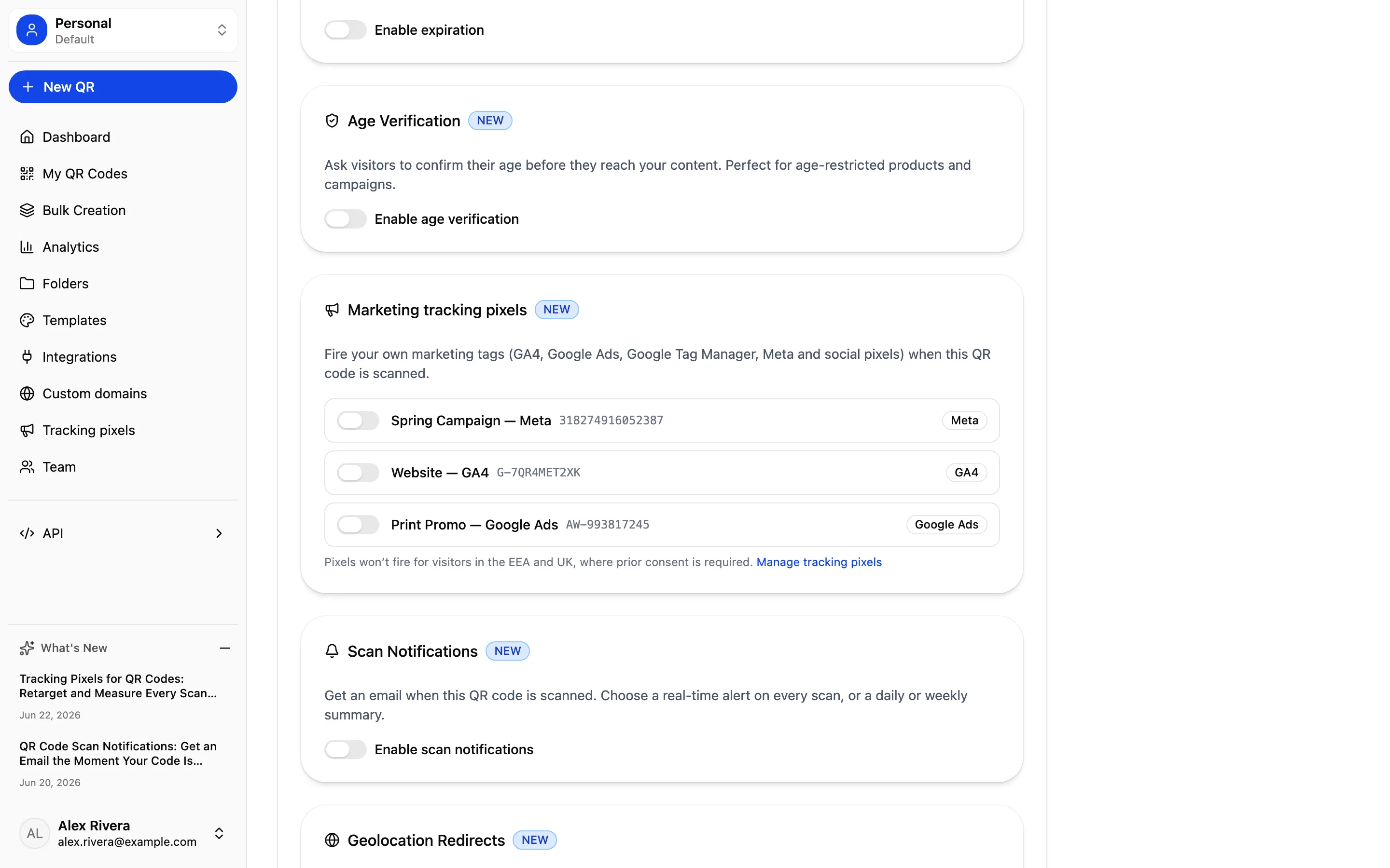 The Link Options panel showing tracking pixels as toggles you switch on per code