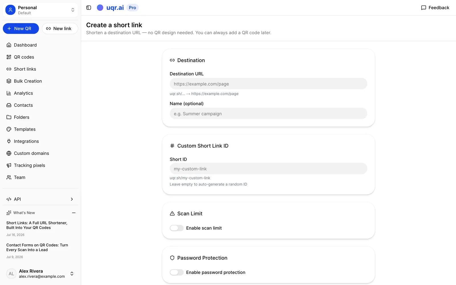 The short-link editor with a destination URL field, custom back-half input and link options